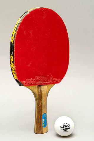 a ping pong paddle and a ping pong ball