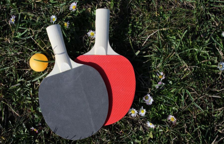 table tennis rackets and ping pong ball on grass