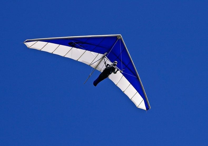 a blue and white hang glider